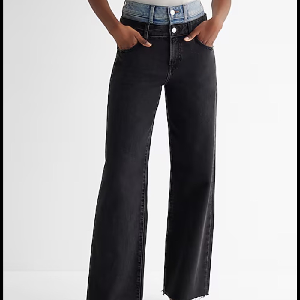 Super High Waisted Double
Waistband Black Wide Leg Jeans